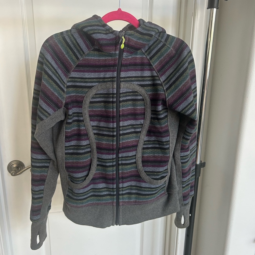 Lululemon Vintage Gray Purple Pattern Striped Zip Up Hoodie Front Logo Design